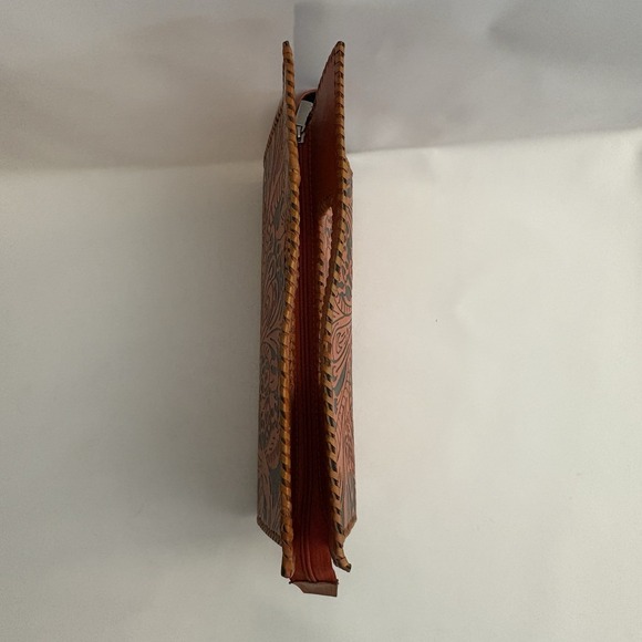 Tooled Leather Clutch Purse Floral Orange Black Handbag Whipstitch Made in India - Picture 4 of 9